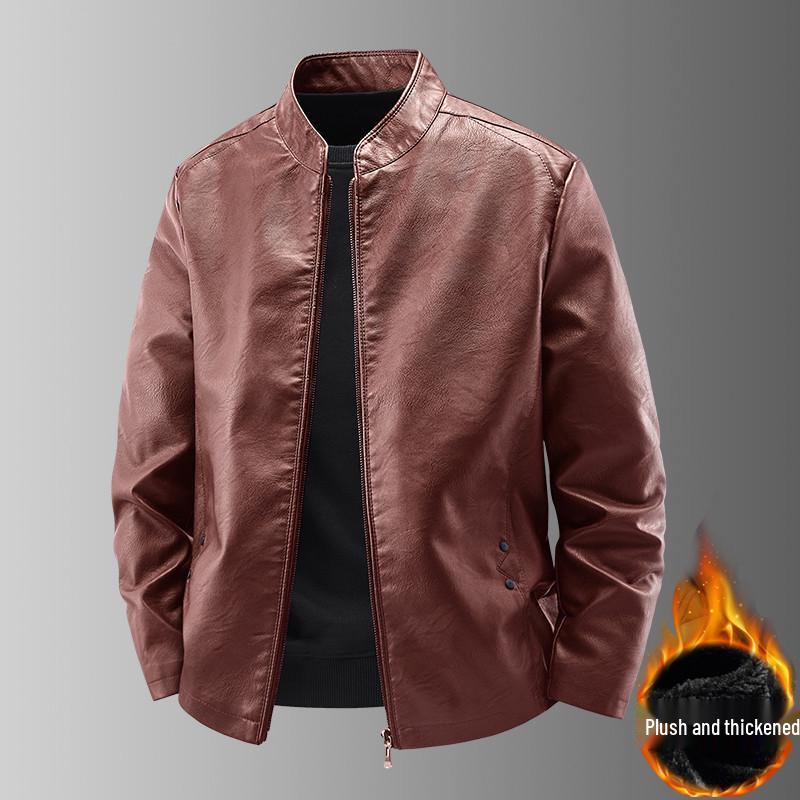 Men's Slim Fit Genuine Leather Jacket with Stand Collar and Velvet Lining - Casual Motorcycle Outerwear