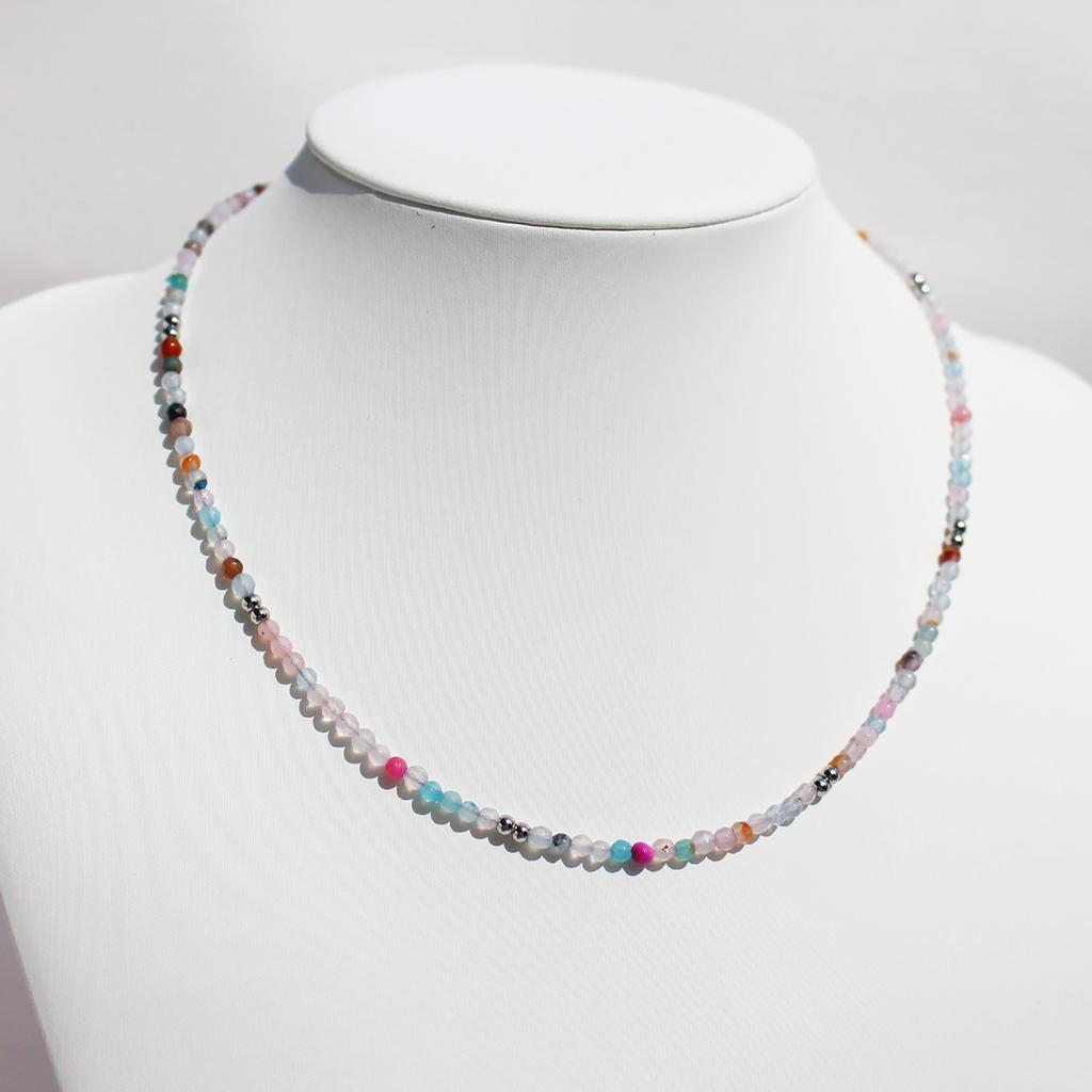 Handmade Original Jewelry Faceted Colored Natural Stone Beaded Necklace Stacked With Very Fine Collarbone Chain 772