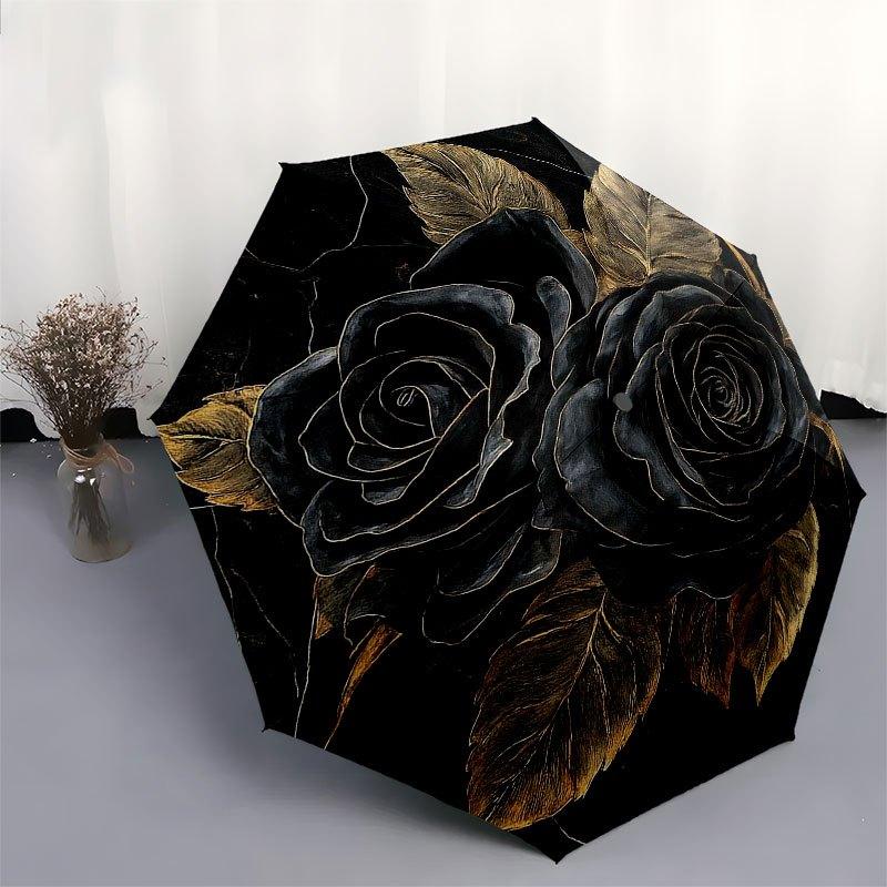Black Rose Elegance: Unique Circular Wall Art Decor Umbrella, Portable 3-Fold Compact Umbrella for Men & Women R114