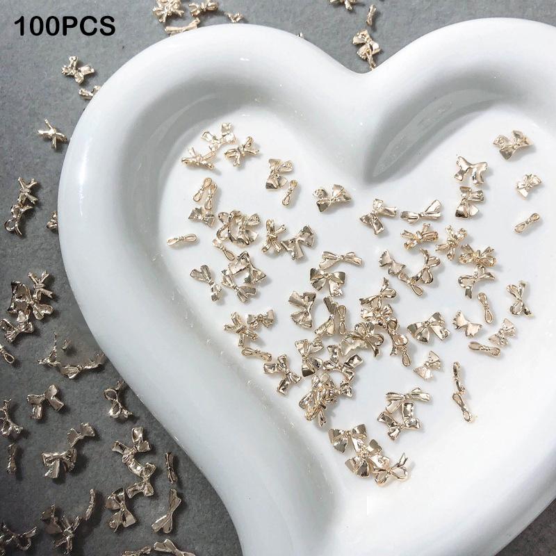 50/100Pcs Silver Metal Bows Nail Art Charm 3D Alloy Silver/Gold Bowknot Ribbon Nail Decor Parts Diy Luxury Manicure Accessories