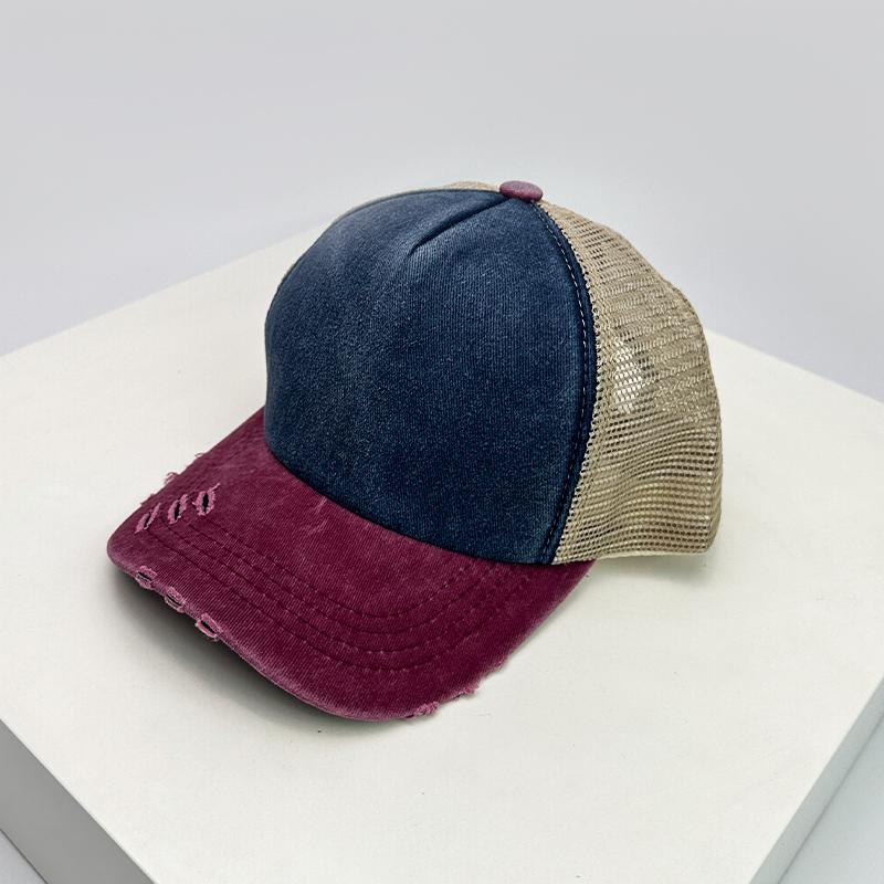 New Unisex Block Broken Baseball Hats Distress Breathable Mesh Sunshade Retro Trucker Caps Versatile Simple Fashion