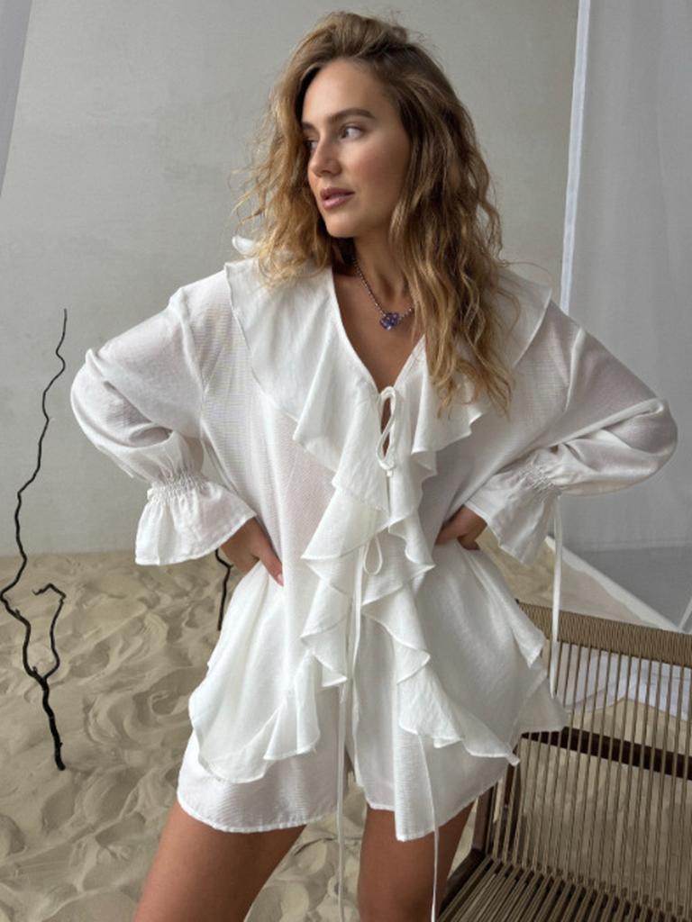 Spring Autumn French Sweet Loose Ruffles Lace Collar Two Piece Set Women's Outfit