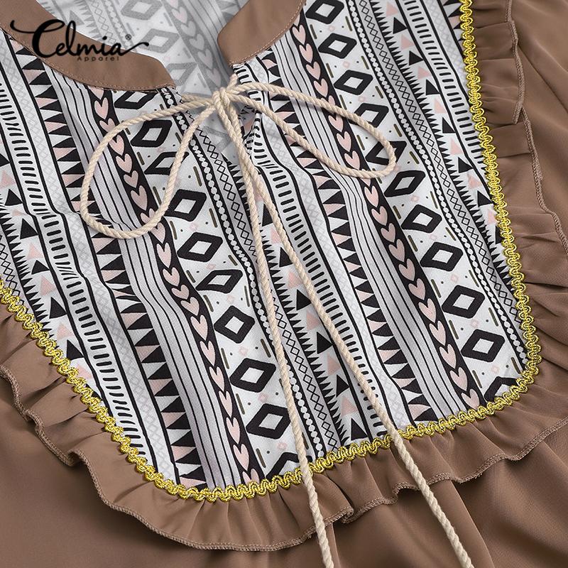 Celmia Spring Autumn Women's Fashion Lace Printed Midi Dress Ruffle Long Sleeve Lace-up Casual Loose Short Dresses Vestidos Plus Size