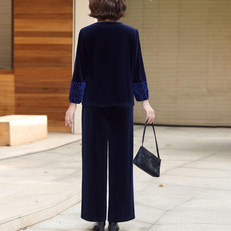 2pcs Pants Suit Autumn Women's Loose Plus-size Velvet Blouse High-waist Velvet Pants Two-piece Set