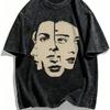Vintage Washed Abstract Face Graphic TShirt Surreal Art Print Oversized Unisex Streetwear Tee Retro Aesthetic Top for Men Women