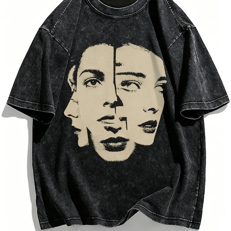 Vintage Washed Abstract Face Graphic TShirt Surreal Art Print Oversized Unisex Streetwear Tee Retro Aesthetic Top for Men Women