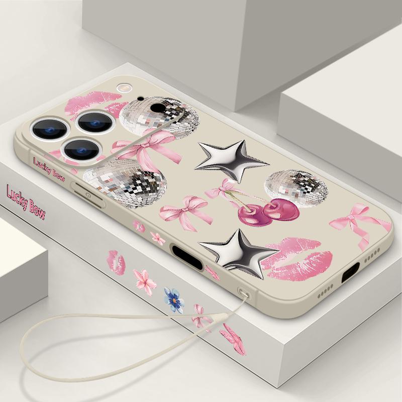Für iPhone 17 Pro Max Hülle Kirsch-Schleifen Lippen Discokugel Weiches Silikon Lanyard Hülle Für iPhone 16 Pro Max Hülle iPhone 15 14 13 12 11 16E
