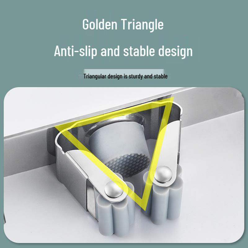 Stainless Steel Punch-Free Mop Holder with Black & Green Clips for Bathroom or Balcony Storage
