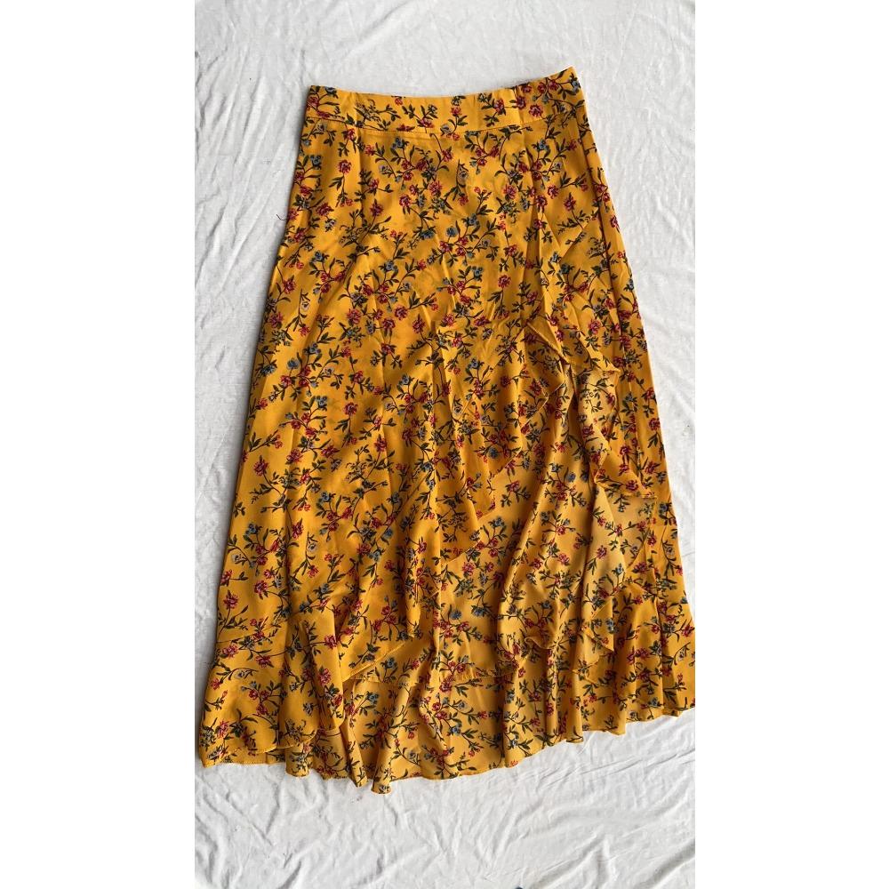 Women's High Waist Midi Skirt Regular Fit Floral Print Ruffle Irregular Side Slit Spring Casual Chiffon Skirt