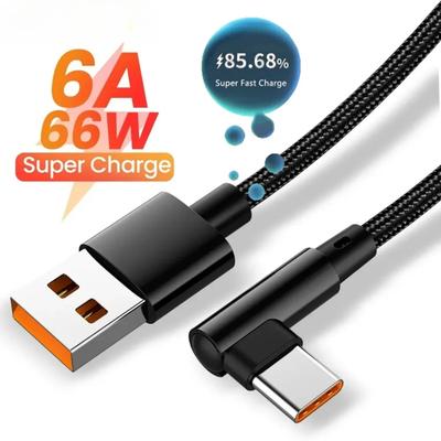 6A 66W Type C USB Fast Charging Cable for  Xiaomi Redmi Honor OPPO Realme POCO USB C 90 Degree Elbow Charger Cable