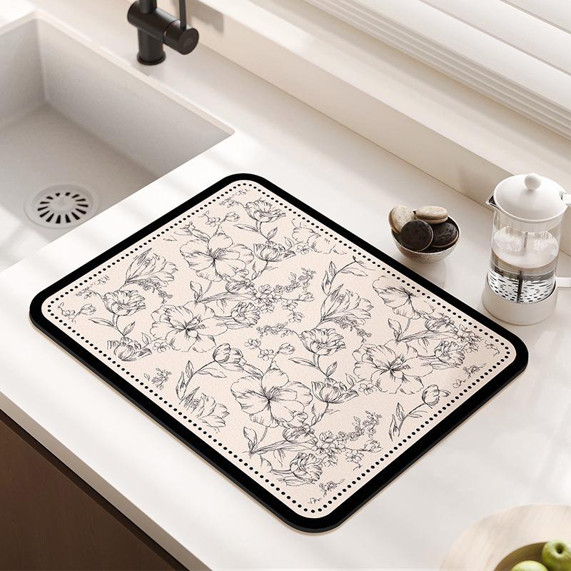 Kitchen Counter Drying Mat Floral Pattern Printed Diatomaceous Earth Absorbent Mat Desktop Tableware Dry Pad Cup Bar Mat (as the picture,20x30cm)