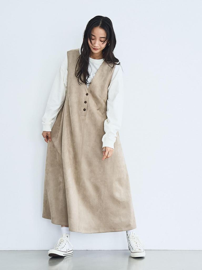 Cohen Suede-Like V-Neck Jumper Skirt, Size 23, Beige (76756460371 2370), Size L