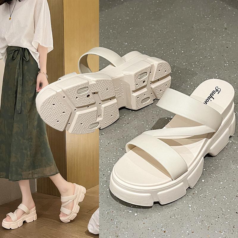 Women's Summer Platform High-Heeled Sandals: Stylish Slip-On Flip Flops with Thick Soles and Versatile Elevation.