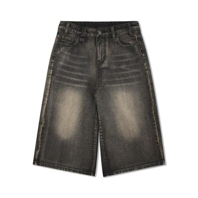 Pantaloni scurți din denim spălați și purtați, bărbați, largi, ocazional, cu picior drept, peste genunchi, pantaloni în cinci puncte, marca Vibe Tide, în stil american.