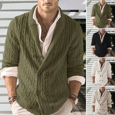 Fall Winter Men Sweater Double-breasted Buttons Lapel Long Sleeves Twisted Texture Solid Color