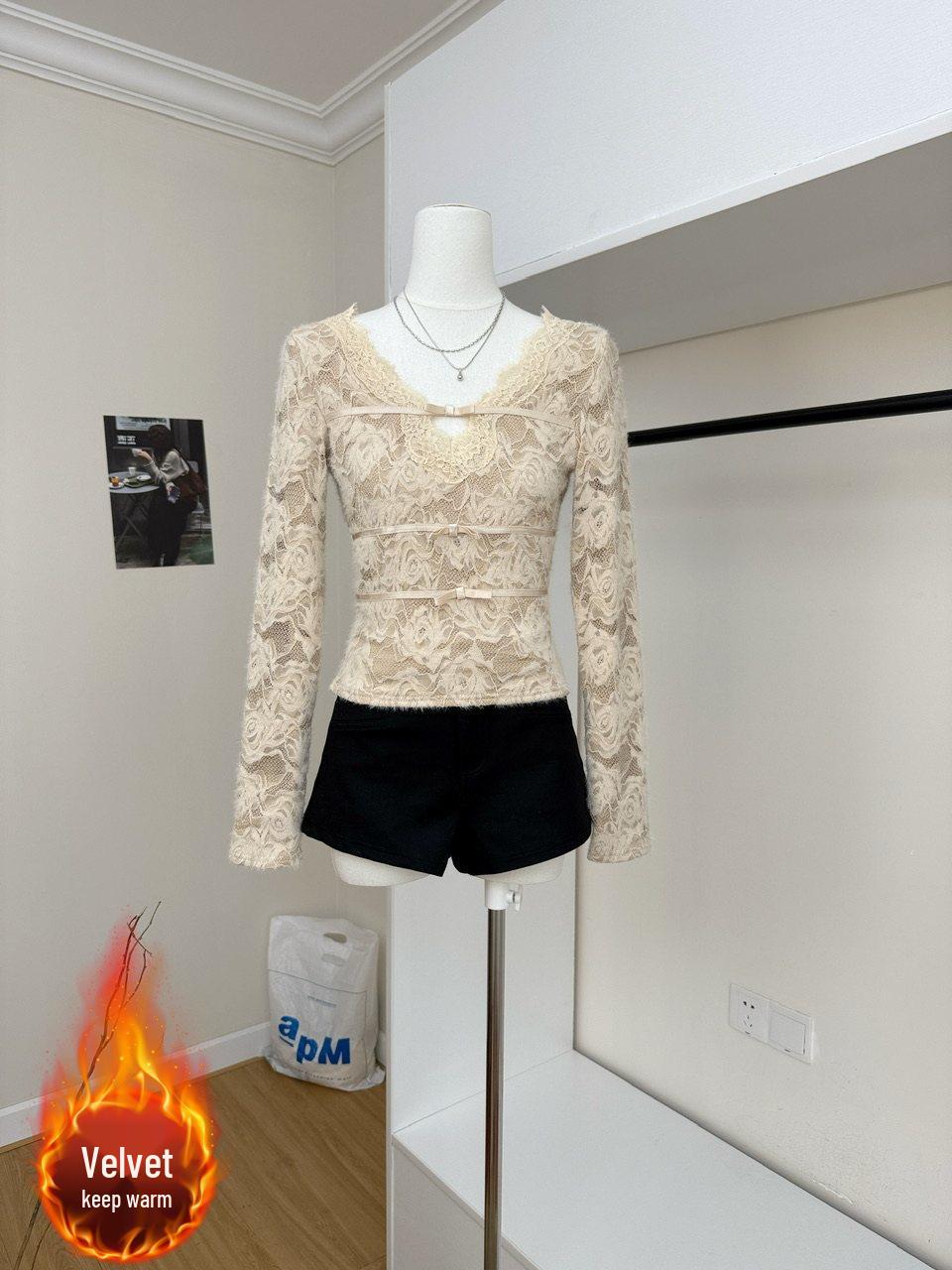 Elegant Heiress Lace Bow V-Neck Velvet Long-Sleeve Top XL