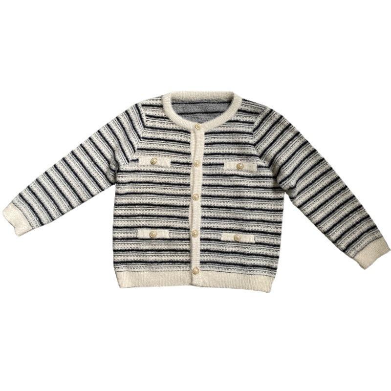 Knitted Sweater Cardigan New Small Fresh Imitation Mink Women's Fashion Design Sense Contrasting Striped Sweater