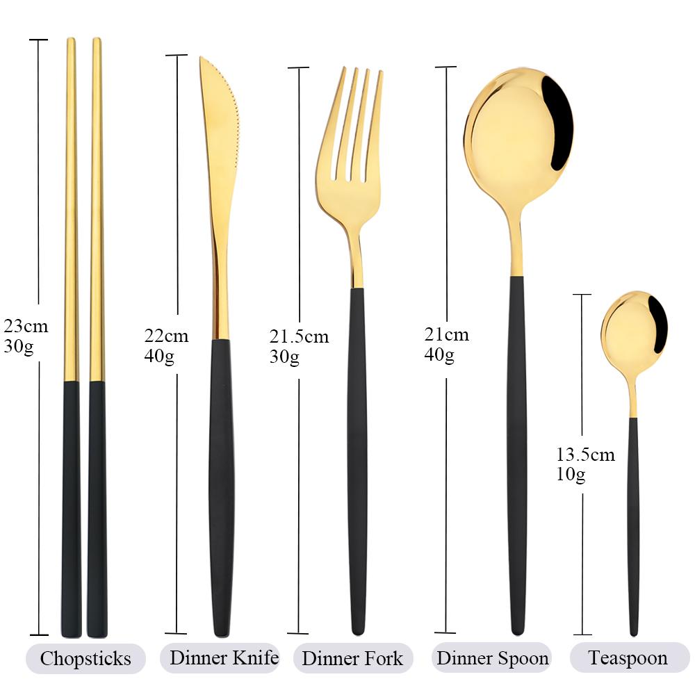 5Pcs Jankng Black Gold Stainless Steel Tableware Set Cutlery Knife Fork Spoon Chopsticks Teaspoon Dinnerware Set Dinner Kitchen Utensils