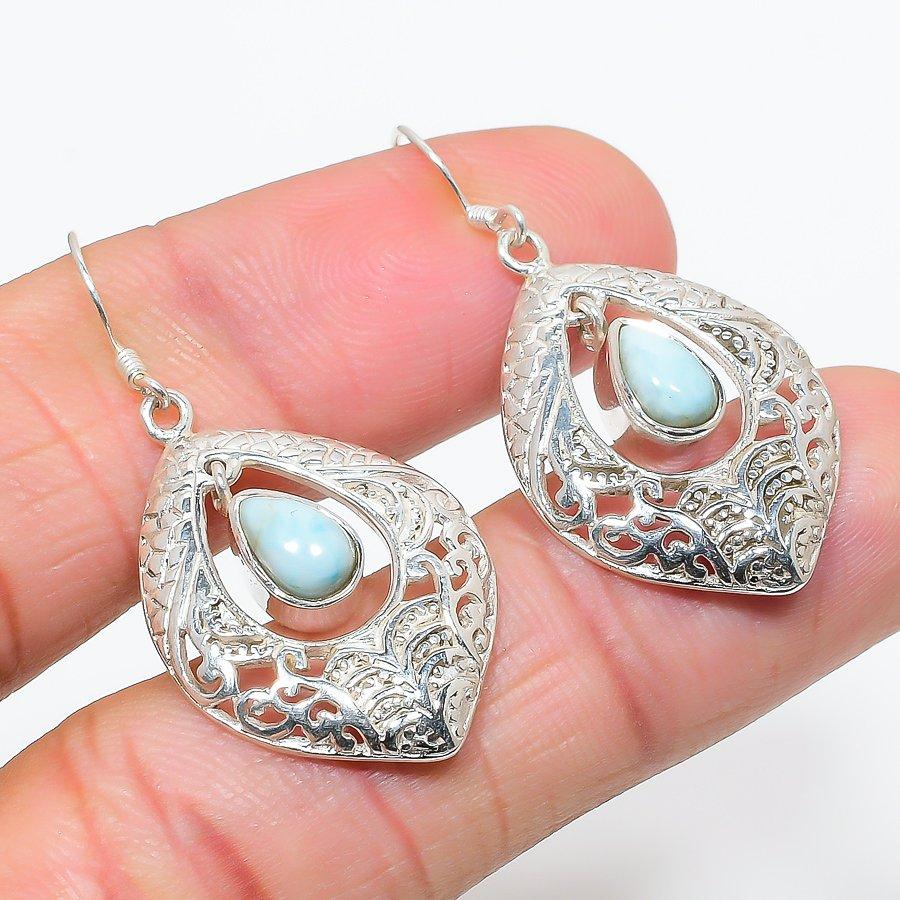 Boucle d'oreille en argent sterling massif 925 et pierre gemme Larimar Natural Republic 1,75" L9r16