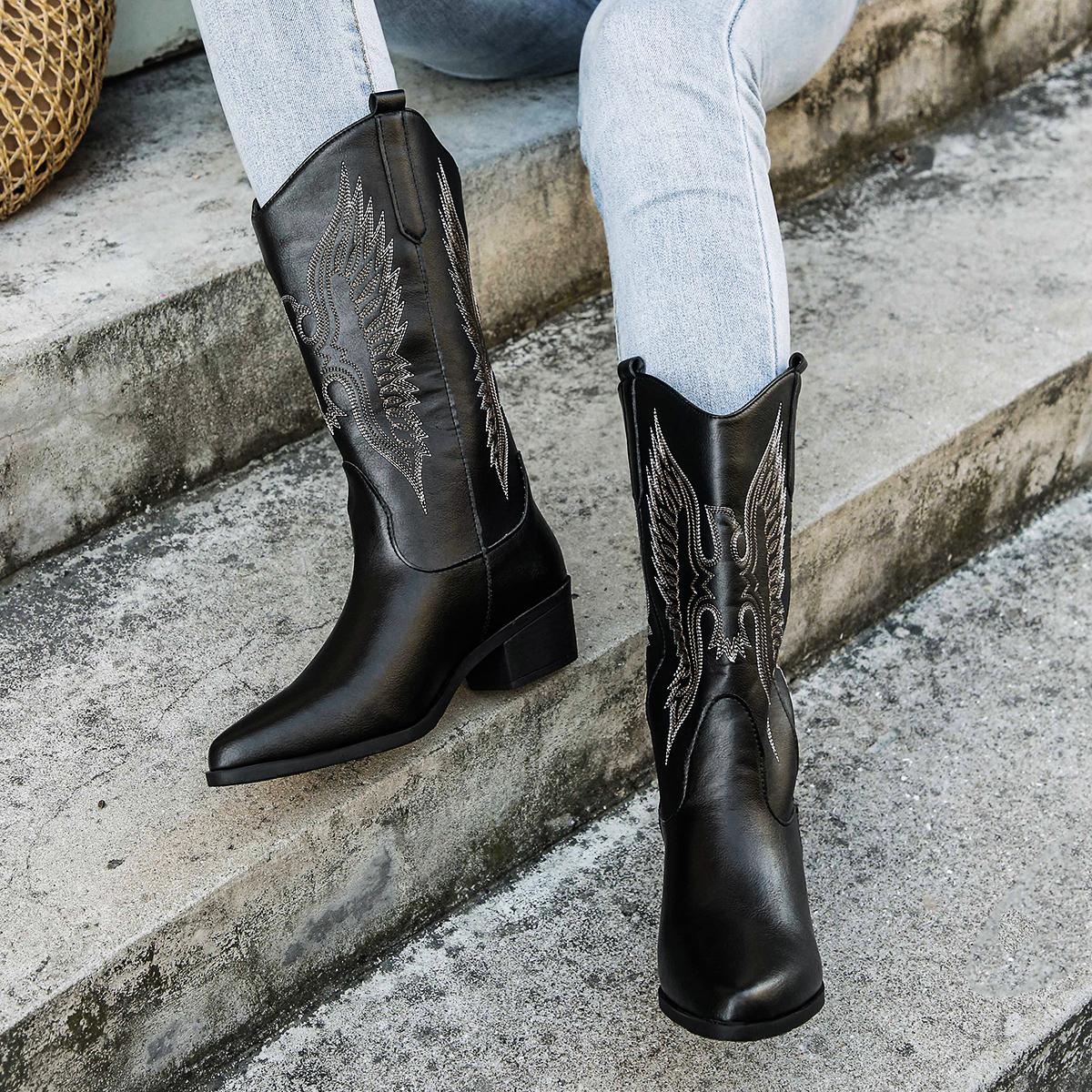 

Женские сапоги в стиле вестерн, модные осенне-зимние ковбойские сапоги на толстом каблуке, женские ковбойские сапоги в винтажном стиле, кантри, обувь для девушек-ковбоев в стиле вестерн 36 чёрный