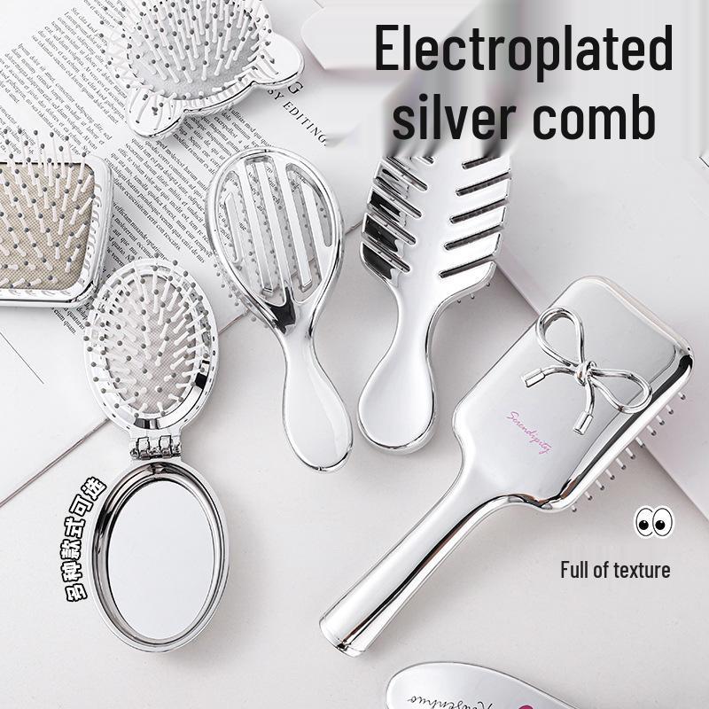 Electroplated Silver Massage Comb with Folding Mirror and Anti-Static Air Cushion – Student Girl Ins Style
