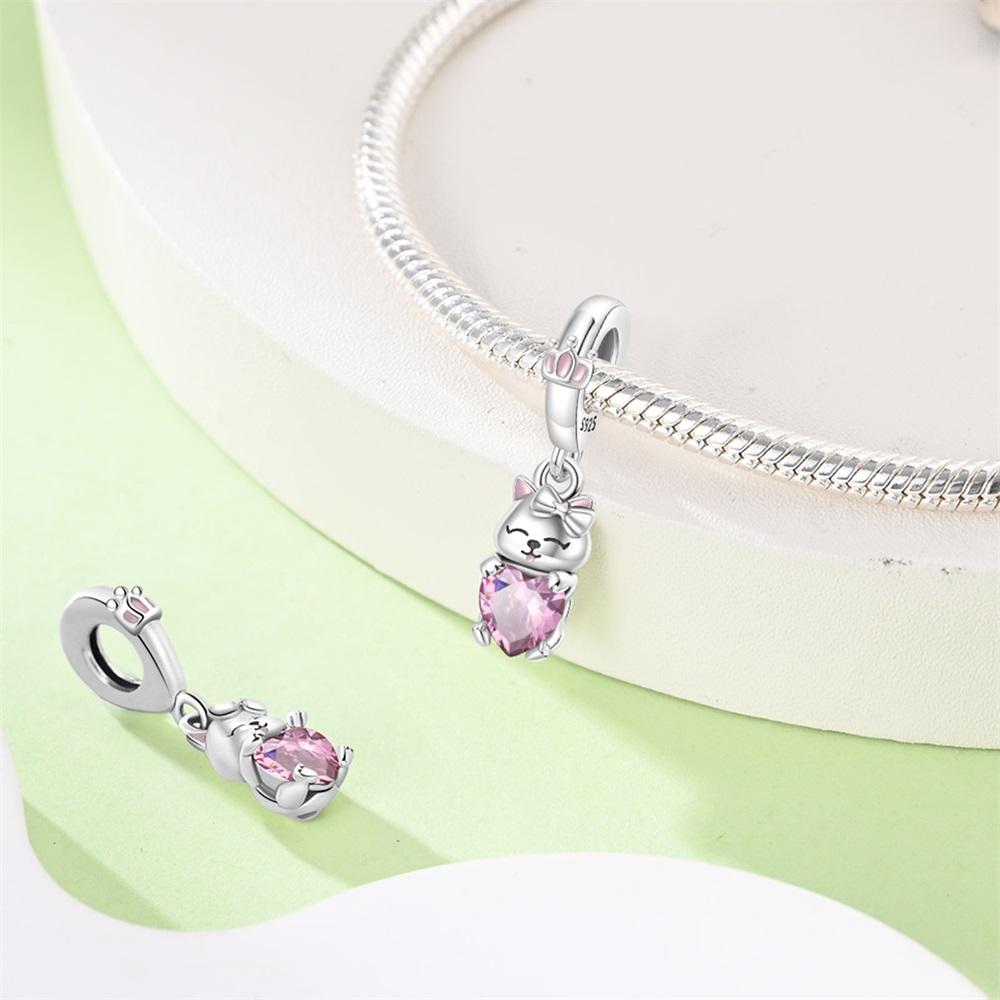 Original Copper Charms Luxury Pink Heart Cat Pendant Beads Fit Bracelet Diy Women Making Delicate Gift