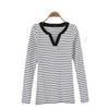 Women's Striped V-Neck Long-Sleeve T-Shirt, Plus Size, Autumn/Spring, Korean Style, Slimming & Versatile Design
