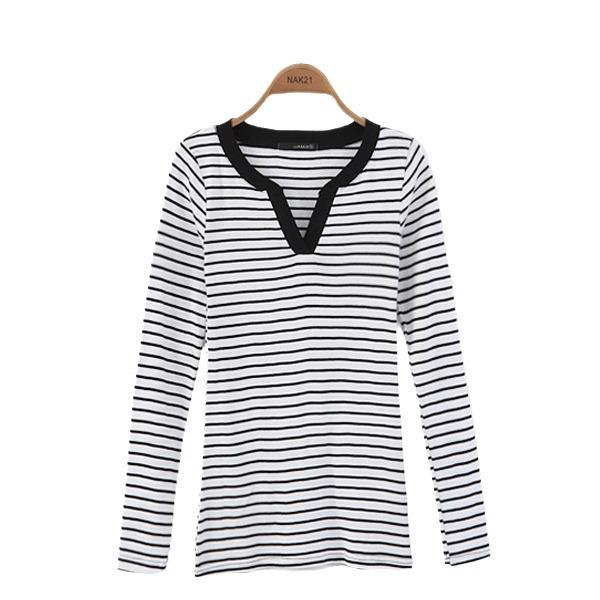 Camiseta de Manga Larga con Cuello en V a Rayas para Mujer, Talla Grande, Otoño/Primavera, Estilo Coreano, Diseño Adelgazante y Versátil