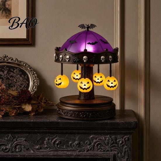 Halloween Tabletop Decor Ghost Carousel Light, Night Gothic Stained Glass Shade Vintage Resin with Floating Ghosts/Pumpkins, Spooky Table Lamp