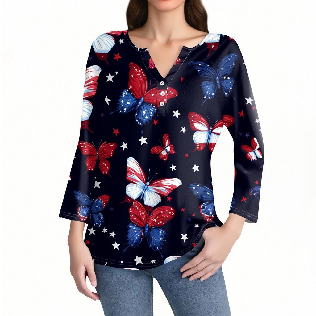 Women's T Shirt Print Button 3/4 Sleeve Daily Weekend Fashion Basic V- Neck Regular Top