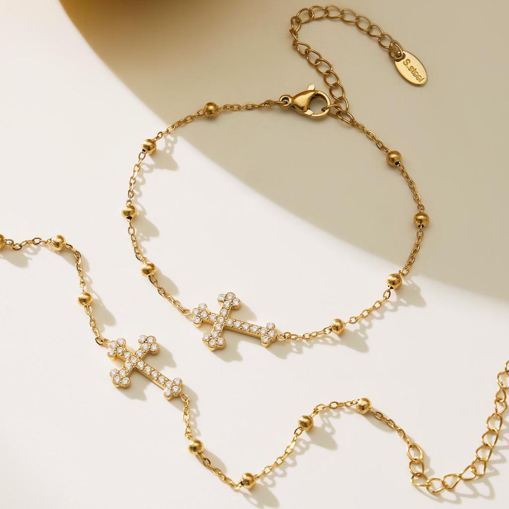 Qiong Yao 5A Zirconia Cross Jewelry Set: 18K Gold-Plated Earrings, Bracelet, Ring, Pendant, and Clavicle Chain