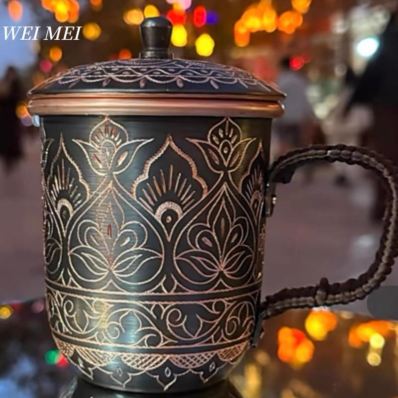 Pattern Random Vintage Pure Copper Mug,With lid Beer Cup,Handcrafted Carving Unique Flower Texture Art Gift Coffee Mug Tableware