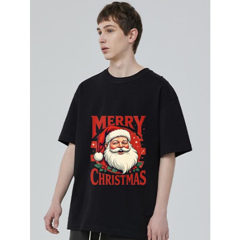 Merry Christmas Santa Claus Print T Shirt Black Holiday Party Casual Wear Men's Summer Top