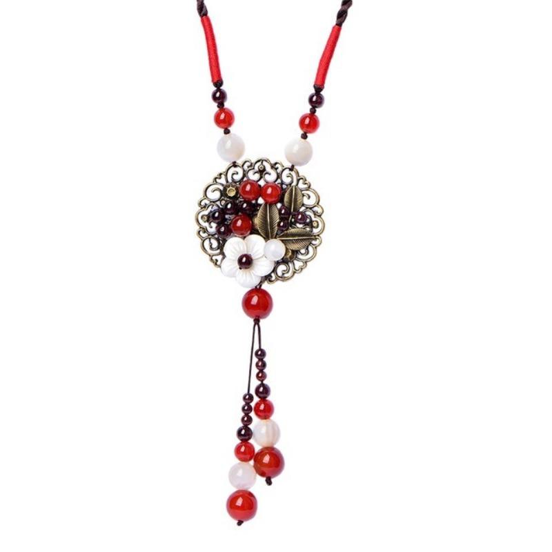 GEMCHIC Women's Vintage Ethnic Style Long Sweater Necklace with Red Agate Beads and Floral Alloy Pendant