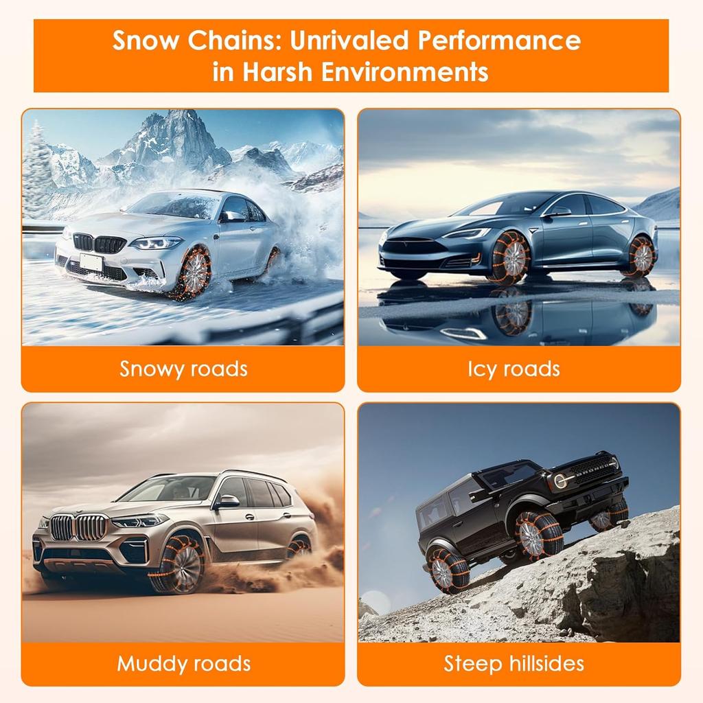 Qoosea Snow Cha Tire Cha For Car, Trucks, SUV Universal Emergency Snow Tire Cha, Adjustable Anti-Slip Tire Cables & Universal Fit (12 Pcs Orange