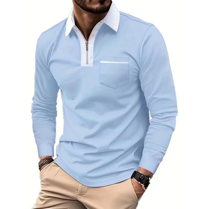 

Мужская весенне-осенняя рубашка-поло с длинным рукавом, контрастный воротник, молния на четверть, карман, повседневная S