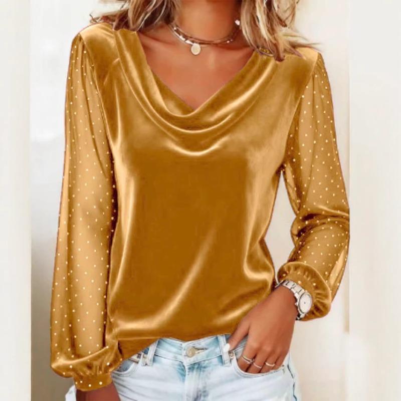 New Women's Solid Color V-neck Mesh Rhinestone Long Sleeves