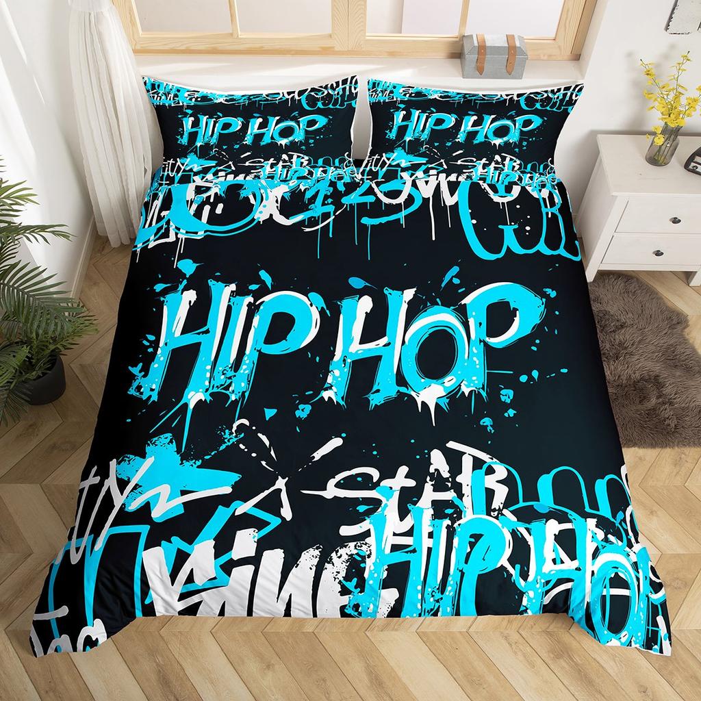 Homewish Hip Hop Music Duvet Cover Set for Child,Black Blue Graffiti Bedding Set,Street Artwork Bed Set