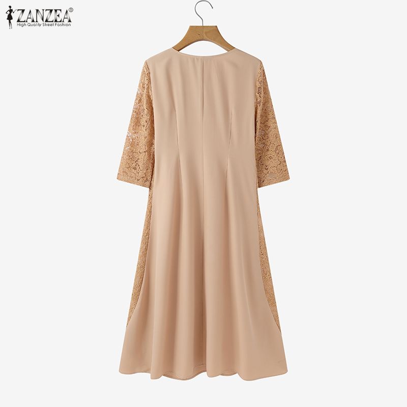 ZANZEA Women Casual Round Neck 3/4 Sleeve Casual Lace Patchwork Dress