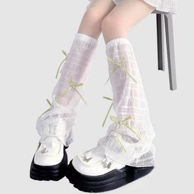 Sweet Style Bow Design Lace Leg Cover Long Socks for Women Summer Thin Breathable White Knee High Leg Warmers Stockings 1Pair