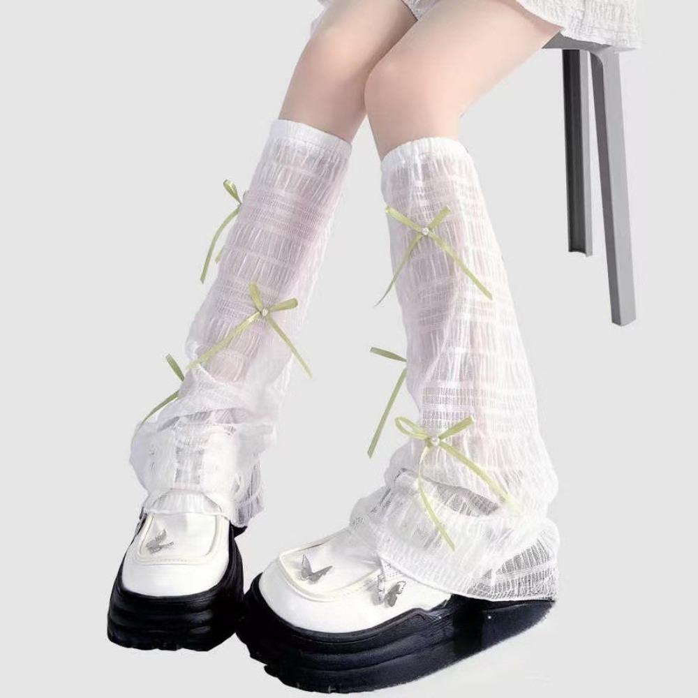 Süßer Stil Schleifen-Design Spitze Beinabdeckung Lange Socken für Damen Sommer Dünn Atmungsaktiv Weiß Kniehoch Beinwärmer Strümpfe 1 Paar