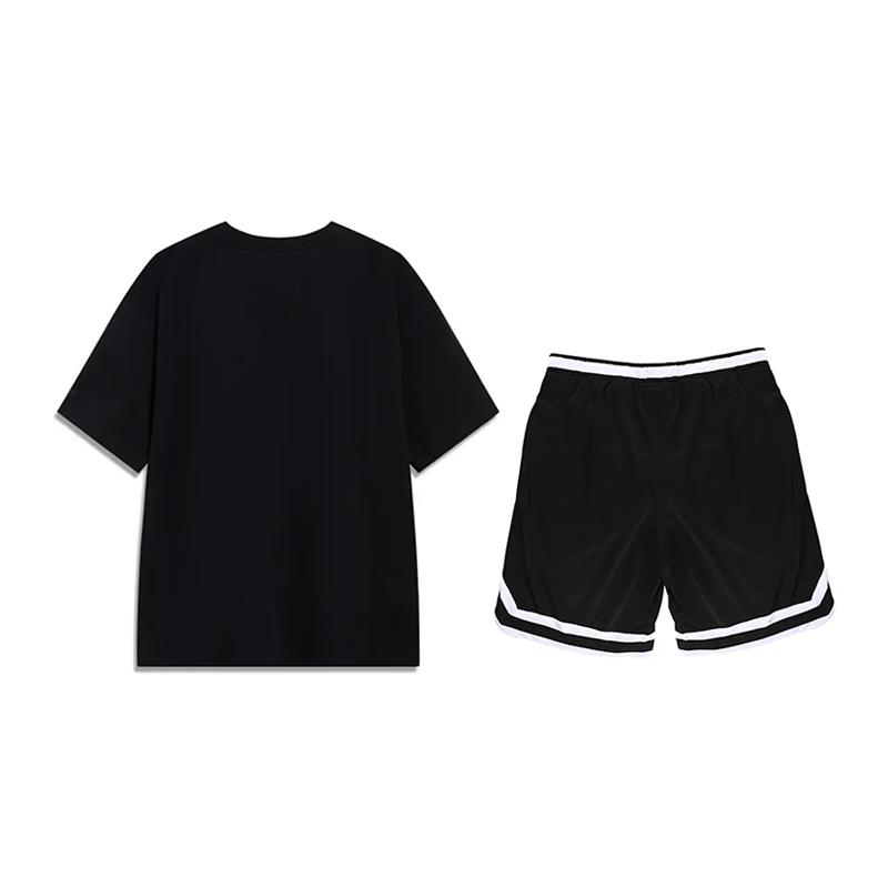 Li Ning Cartoon Big Logo Letter Round Neck Short Sleeve Mid Waist Five Point Drawstring Shorts Casual Sports Suit Unisex Suit AHSU805-1+YAPV001-1