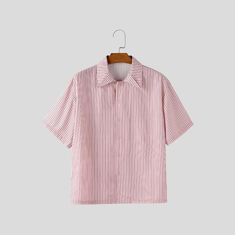 

INCERUN Oversized Men Summer Lapel Neck Short Sleeve Striped Button Down Casual Shirts 5XL розовый