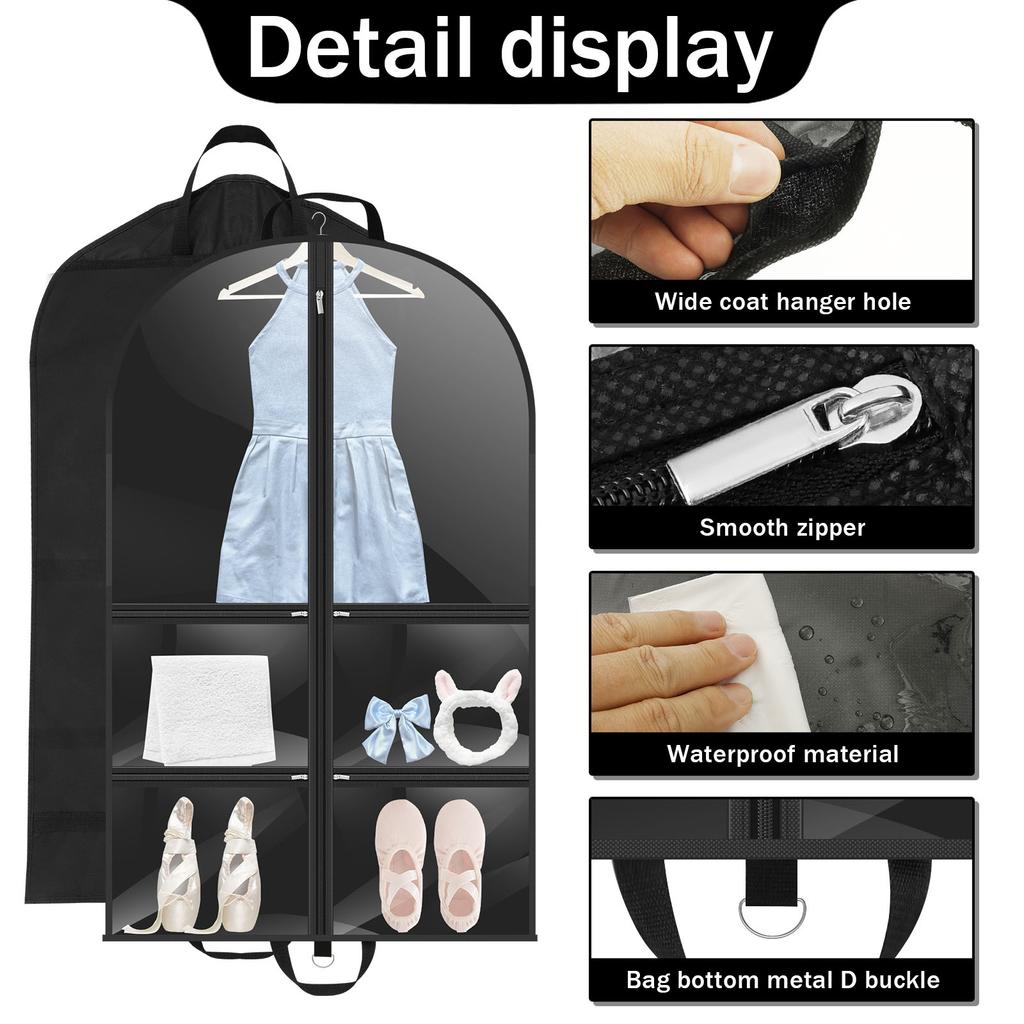 5Pcs Clear Kids Garment Dust Proof Bags for Suits Dresses Foldable Zipper Closure Dance Costume Bags With Multi Zippered Pockets