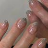 24Pcs Simple False Nails with Glue Short Almond Fake Nails Glitter Aurora Round Head Full Cover Nail Tips Oval Press on Nails