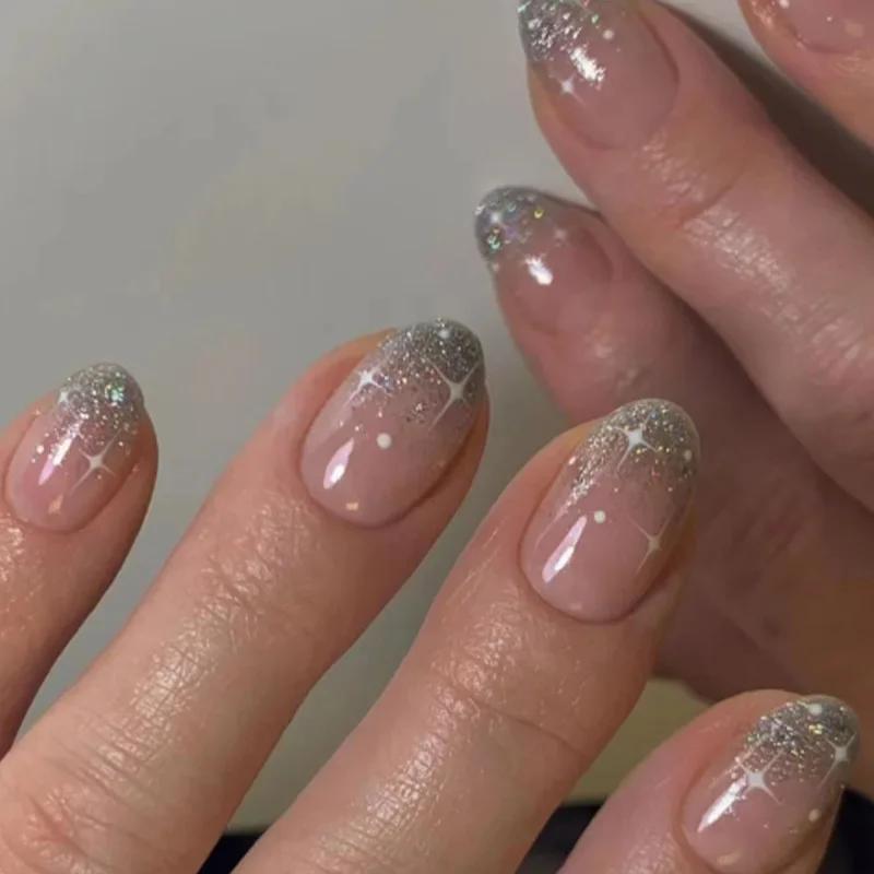 24Pcs Simple False Nails with Glue Short Almond Fake Nails Glitter Aurora Round Head Full Cover Nail Tips Oval Press on Nails