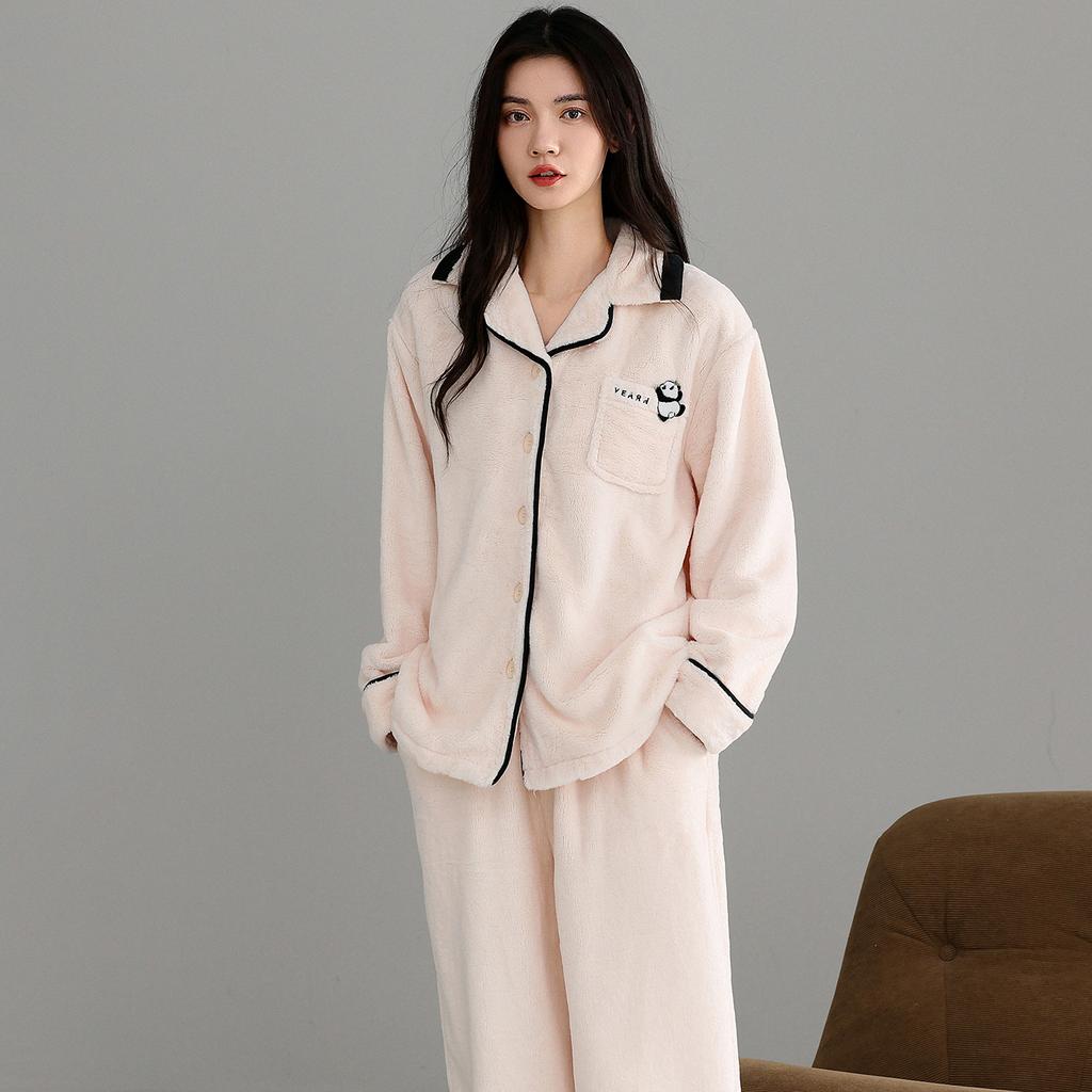 Pajamas Women'S Autumn And Winter Coral Fleece Thickened Fleece Flannel Can Be Worn Outside Warm Loungewear Set