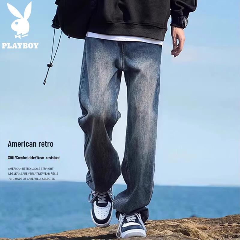 Playboy Men's American Retro Loose Fit Straight Leg Jeans