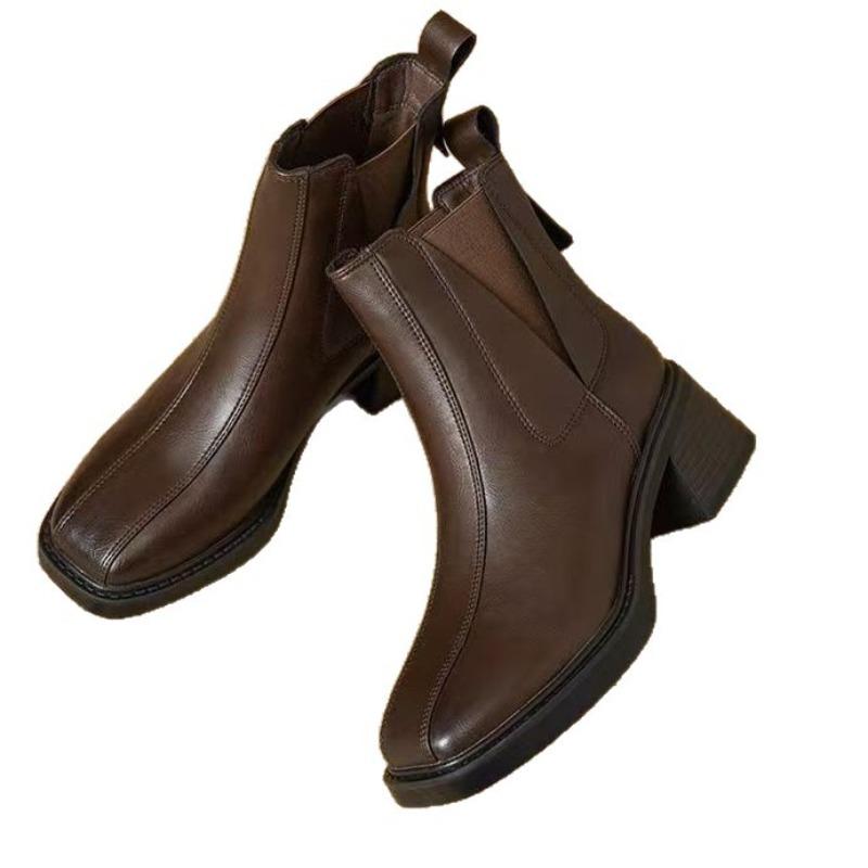 Kurzstiefel mit hohen Absätzen, Damen-Schuhe im neuen Stil mit eckiger Zehenpartie, Stiefel mit dicker Sohle, Damenstiefel