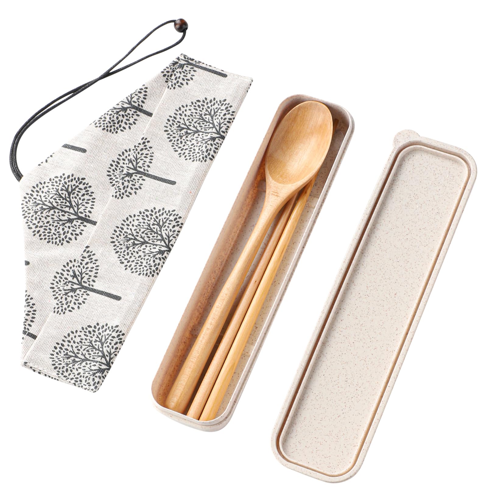Natural wood chopsticks and spoon set, includes straw box and chopstick case, 24cm.